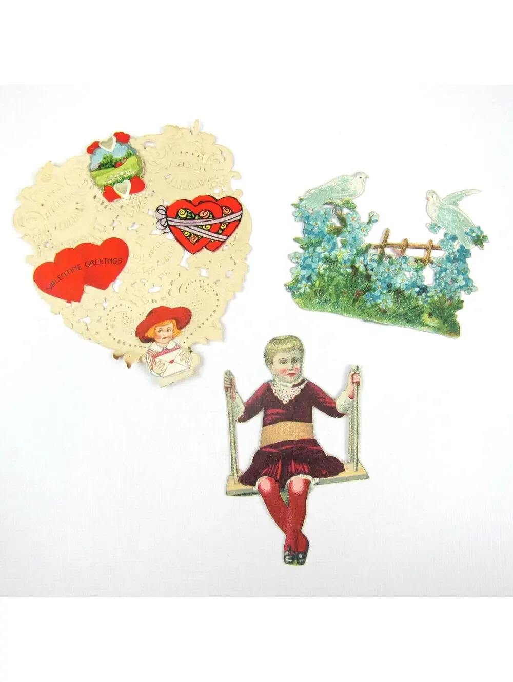 3 Vintage Valentine Ephemera Boy Swing Fence Doves Blue Flowers Paper Lace Heart